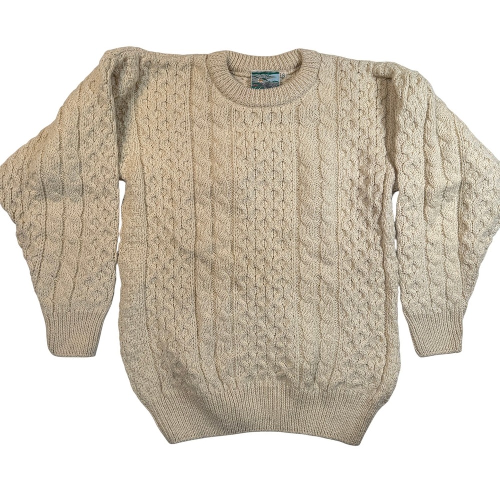 Gaeltarra Wool Cable Knit Aran Fisherman Sweater Mens Small Cream Ireland Made
